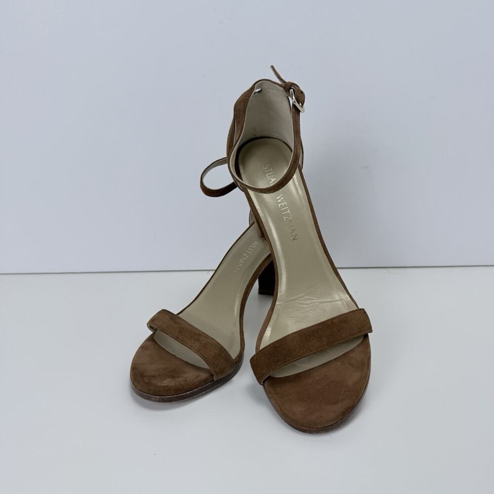 Stuart Weitzman Nudistcurve 75 Block Heels Patent Sandals Womens 8 Nude MSRP$475